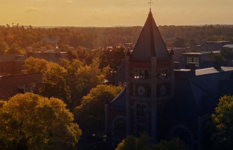 Aerial view of T-Hall at dusk
