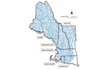 A map of New England showing rivers and tributaries across New England studies that were studied as part of this research